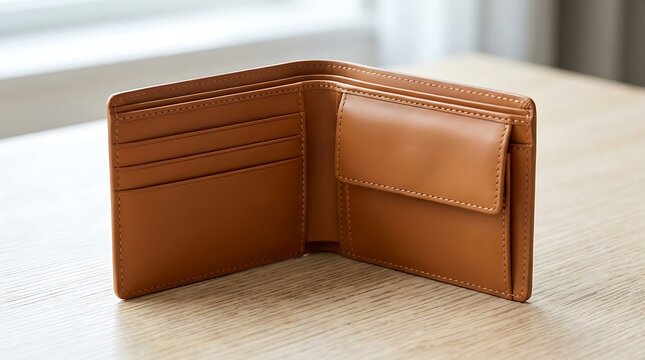 Empty brown leather bifold wallet open on flat surface