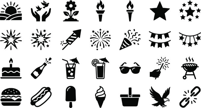 Jul 4 independence day icons fireworks bbq and patriotic usa symbols