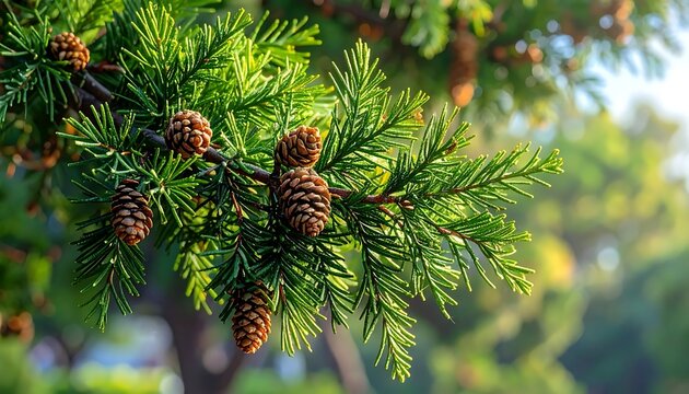 Close up of coniferous tree branches with cones.