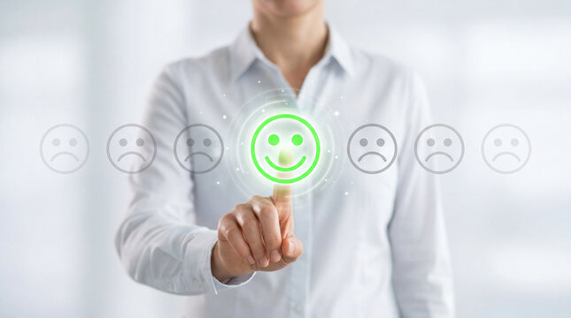 Business professional selecting a glowing green smiley face icon for customer feedback survey