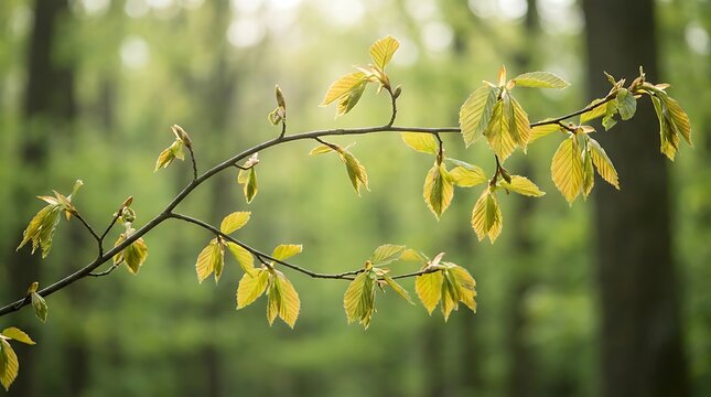 Autumn branch with yellowing leaves in green forest background