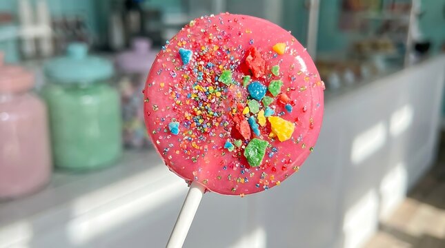 Colorful sprinkled lollipop on white stick