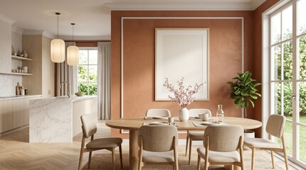 Fototapeta premium Luxury Warm Peach Terracotta Modern Interior Dining Room with Elegant Frame Mockup Marble Kitchen Natural Wood Decor