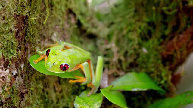 Vibrant Red-Eyed Tree Frog Perched on Lush Green Leaf in Rainforest