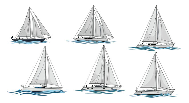 Set of six classic white sailboats and modern yachts sailing across gentle blue sea waves in sketch style.