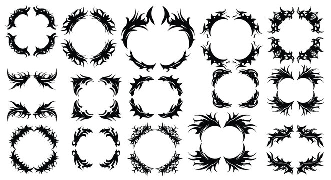 Collection of black tribal style circular frames and ornamental decorative borders with intricate winged patterns on white.
