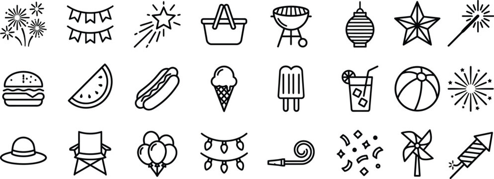 Independence day usa july 4th icon set fireworks bbq patriotic symbols