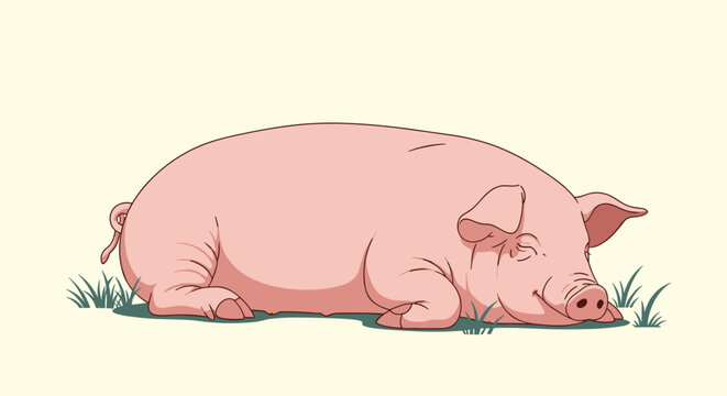 Adorable large pink pig sleeping peacefully on the green grass under a soft warm sunlight background.