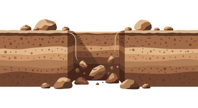 Cross section of soil layers showing underground dirt with pebbles, rocks, and a deep hole in the middle of ground.