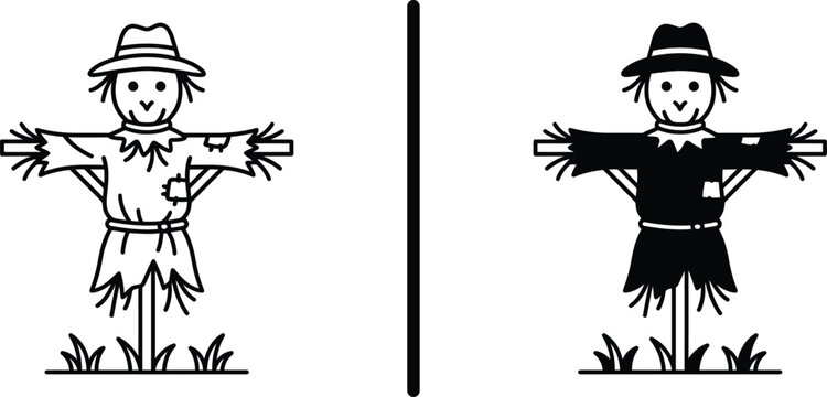 Linear and solid black vector icons of a cute garden scarecrow with simple outline and filled silhouette versions isolated on white.