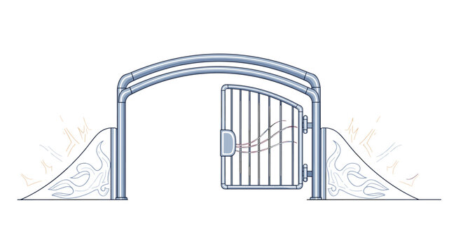 Modern steel security gate half open with stylized breeze or energy waves flowing through on white background.