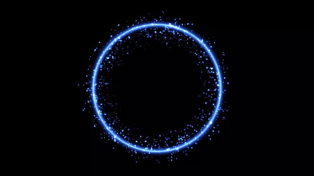 Blast energy ring made of sparkling dust and light dots, Glowing blue particle circle on black screen animation. Glitter Light circle trail Sparkling star dust spiral particle effect animation. 4k