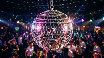 Obraz premium Disco ball hanging in a colorful nightclub with party lights