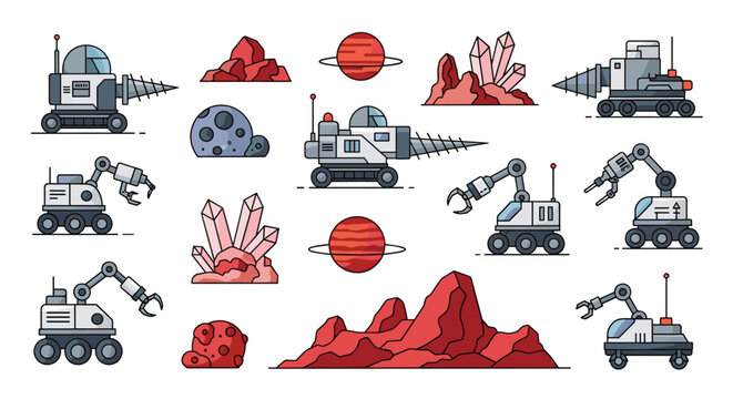 Collection of pixel art style space mining vehicles and robotic rovers exploring a rocky planet with red hills and large pink crystals.