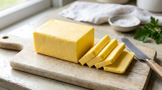 Fresh yellow cheese slices on wooden cutting board