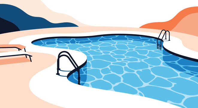 Outdoor swimming pool featuring a curved modern design with lounge chairs and hills in a minimalist graphic style.