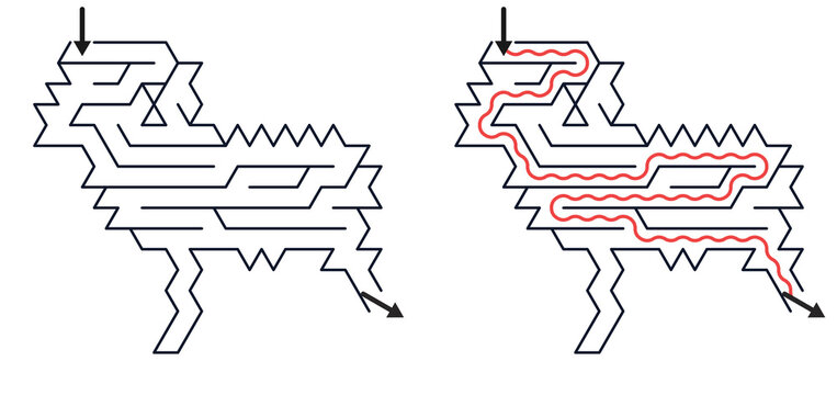 Children's maze shaped like a ram with solution path illustrated  