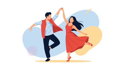 Obraz premium Energetic man and woman dancing together in a spirited pose against a vibrant background of blue and yellow abstract flowing shapes.