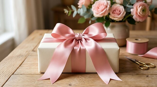 Elegant gift box with large pink ribbon on wooden surface