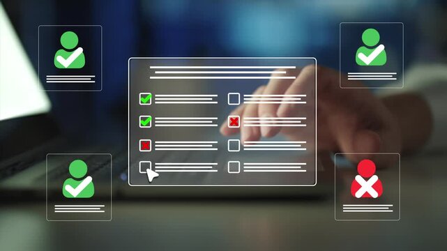 Hiring resume filtering employee candidate. Employee approval process management.  Digital documents with check marks verified staff records and online HR management. 