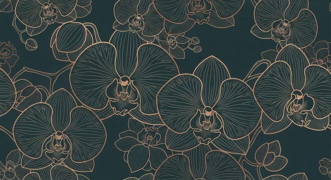 Elegant gold orchid line art seamless pattern on dark teal background