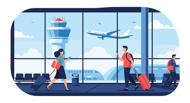 Travelers walking with suitcases through a modern airport terminal with a large window showing a runway, control tower, and airplanes.
