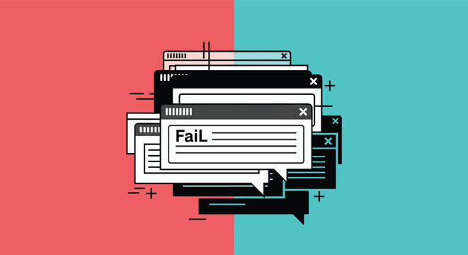 Stack of multiple digital computer windows with fail message representing system error or software crash on split color background.