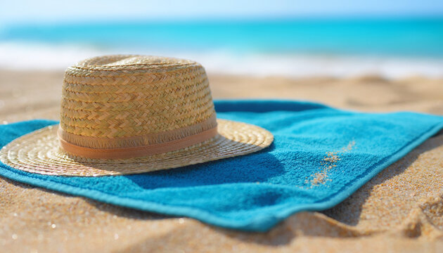 Close Up of Blue Beach Towel and Summer Hat on Sand
