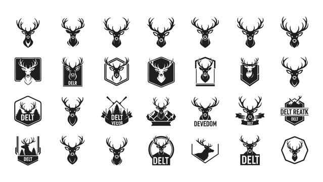 Deer Head Mascot and Stag Antler Logo Set with Vintage Outdoor Hunting Shield Emblems and Wild Animal Badges for Adventure Branding