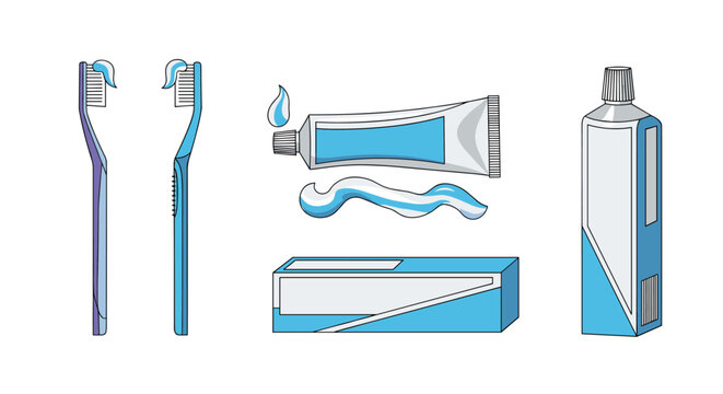 Essential dental hygiene products featuring toothbrushes with paste and tubes of toothpaste in clean blue and white tones.