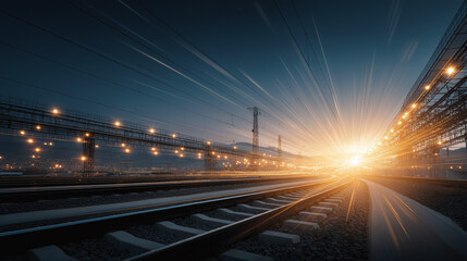Obraz premium Speeding Train at Dusk: A high-speed train illuminates the twilight sky with its powerful headlights as it races along the tracks, blurring the surrounding landscape into streaks of light and energy.