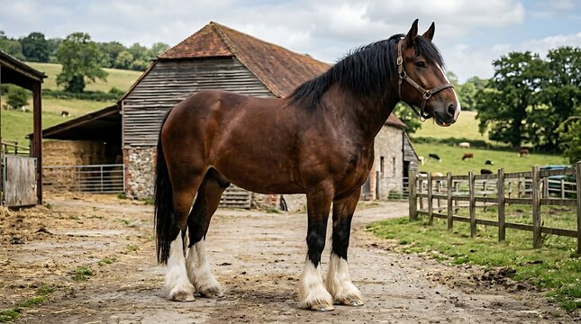 Black and brown horse standing in a rural farm field