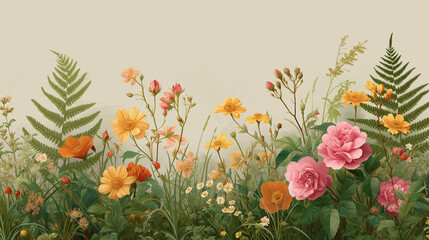 Obraz premium Meadow of Wildflowers and Ferns: A vibrant and diverse array of wildflowers in bloom, including pink roses and yellow daisies, interspersed with delicate ferns, creating a picturesque natural scene.