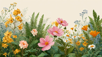 Fototapeta premium A Field of Wildflowers: A vibrant and colorful assortment of wildflowers bloom in a lush meadow, creating a picturesque natural landscape.