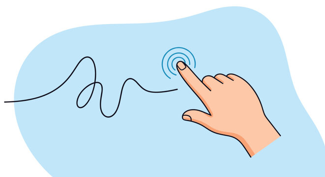 Human index finger interacting with a touchscreen display to draw a wavy blue line with looping patterns.