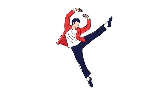 Energetic male contemporary dancer performing a dramatic leap with arms raised gracefully against a white backdrop.