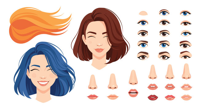 Character creator set featuring beautiful female avatars with blue and brown hairstyles along with various facial feature options.