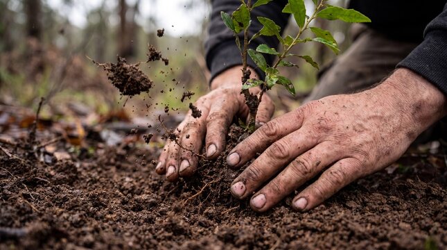 Dirty hands planting young tree sapling into dark soil at reforestation site