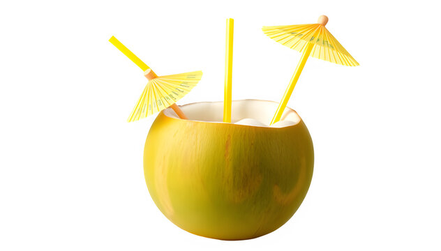 Halved coconut with refreshing drink yellow straw and decorative umbrella, isolated on transparent background.
