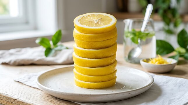 Stack of golden pancakes on a plate with greenery