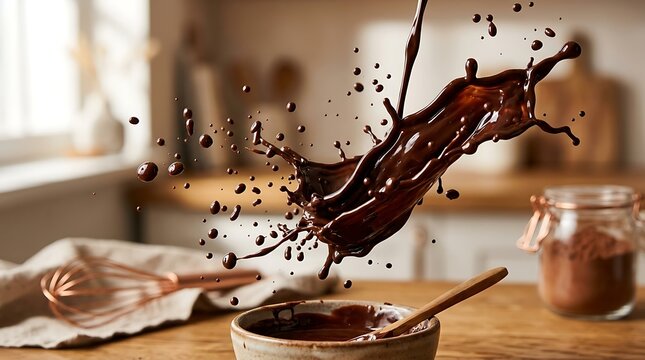 Dark red wine splashing from wooden spoon into bowl