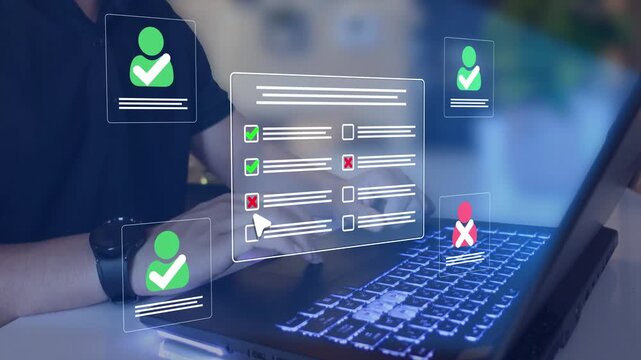 Hiring resume filtering employee candidate. Employee approval process management.  Digital documents with check marks verified staff records and online HR management. 