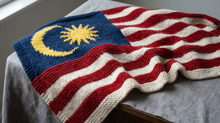 Obraz premium Hand knitted Malaysian flag blanket resting on a neutral gray tabletop.
