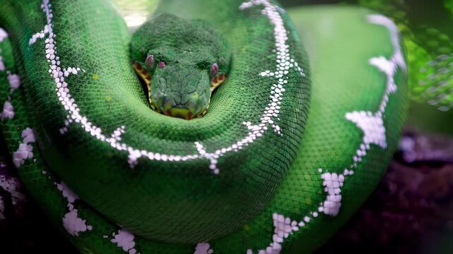 Close-up of a coiled emerald tree boa with striking green scales and white markings