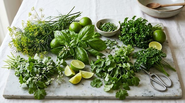 Fresh herbs and limes on a kitchen cutting board