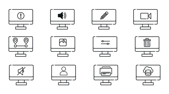 Mega set of 12 desktop computer icons: minimalist black line PC workstation vectors with web utility, multimedia, and tech administration symbols, outline UI style.
