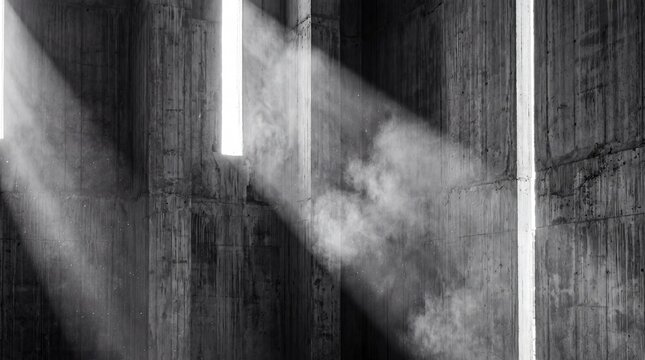 Cinematic volumetric sunlight shafts illuminate dust motes in a massive brutalist concrete interior