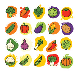 Fototapeta premium Vibrant Cartoon Vegetable Icons Set for Healthy Eating and Nutrition Concepts