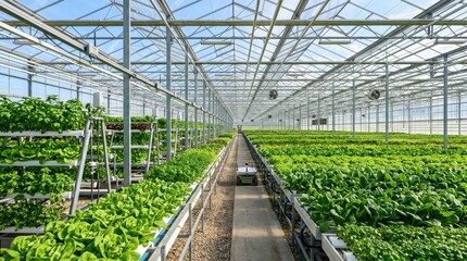 Naklejka premium Abundant Greenhouse with Lush Leafy Greens and Vibrant Plant Life Under Bright Sunlight