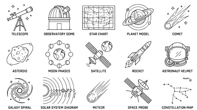 Space icons, astronomy symbols, 20 celestial bodies, star chart, planet model